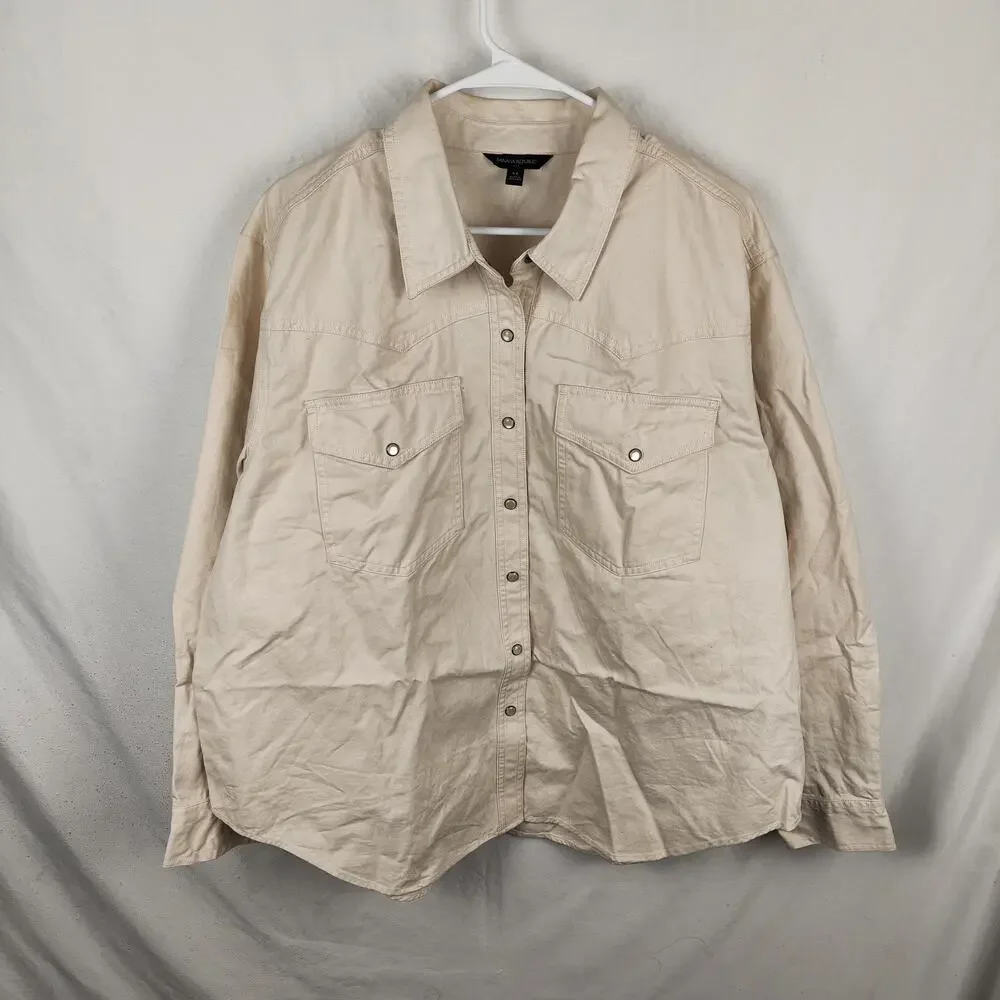 Banana Republic Shirt Mens 2XL Beige Western Twill Snap Button Long Sleeve